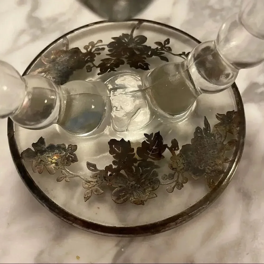 Pair of Circle Silver Overlay Floral Candesticks